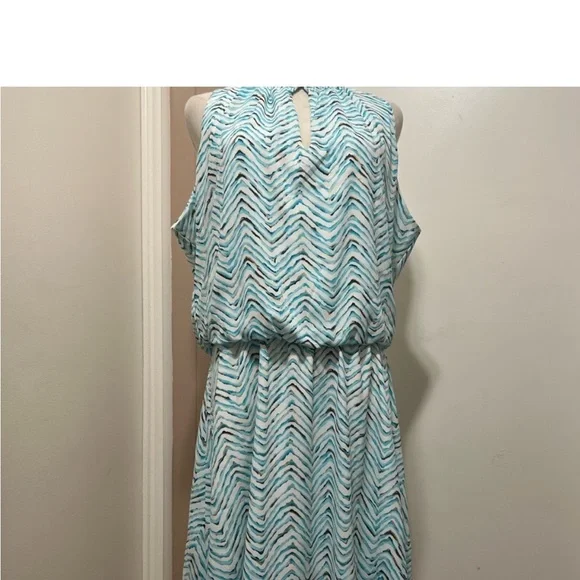 White House Black Market Wm Dress Printed Smock Sleeveless Blue High Neck L. - Picture 5 of 10